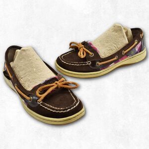 Sperry Top Sider Boat Shoes Women's 5.5 Brown Suede Leather Pink Purple Plaid